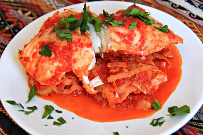 Patagonian Fish with Leek and Red Bell Pepper Sauce